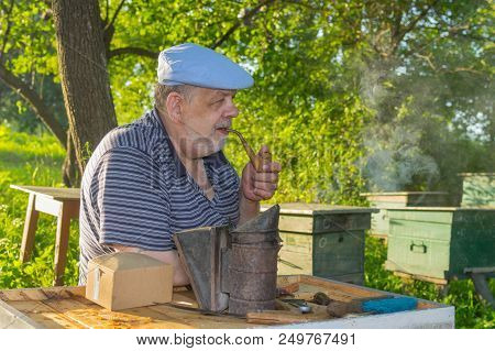 Outdoor Portrait Of Elderly Bee-keeper With Tobacco Pipe