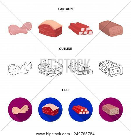 Chicken Drumstick, Podcherevina, Crab Sticks, Meatloaf. Meat Set Collection Icons In Cartoon, Outlin