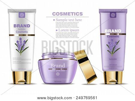 Lavender Cream Cosmetic Set Vector Mock Up. Realistic Product Packaging Label Designs. Lotion, Facec