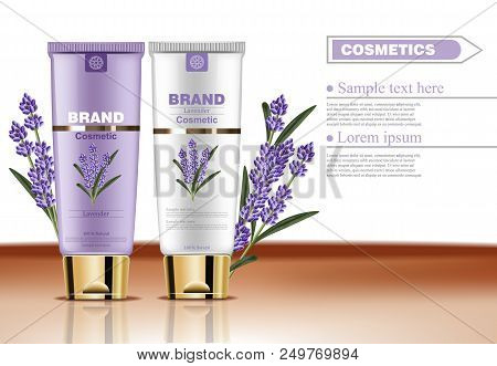 Lavender Cream Cosmetic Set Collection Vector Mock Up. Realistic Product Packaging Label Designs. Lo