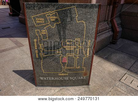 Holborn, London, Uk - June 8, 2018: Marble Stone Etched With The Details And Layout Of The Prudentia