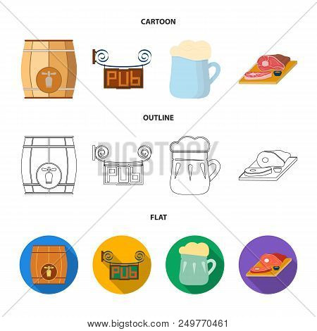 A Wooden Barrel With A Faucet, A Pub Sign, A Mug Of Beer, Pieces Of Meat On A Board.pub Set Collecti