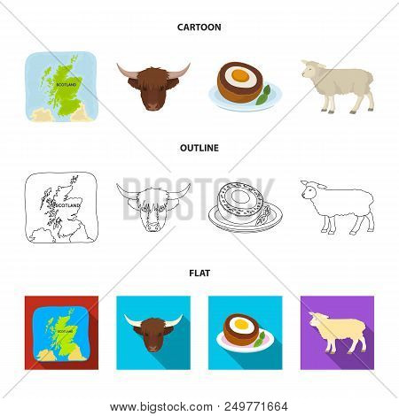 Territory On The Map, Bull Head, Cow, Eggs. Scotland Country Set Collection Icons In Cartoon, Outlin