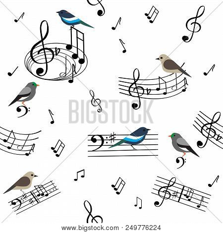 This Is An Amazing, Musical, Seamless Pattern. There Are Notes, Birds, A Violin And Bass Keys, Are M