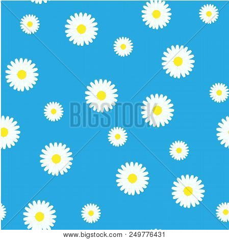 White Daisies On A Blue Background. Seamless Pattern.