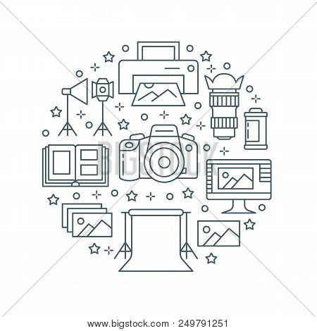 Photography Equipment Poster With Flat Line Icons. Digital Camera, Photos, Lighting, Video Cameras, 