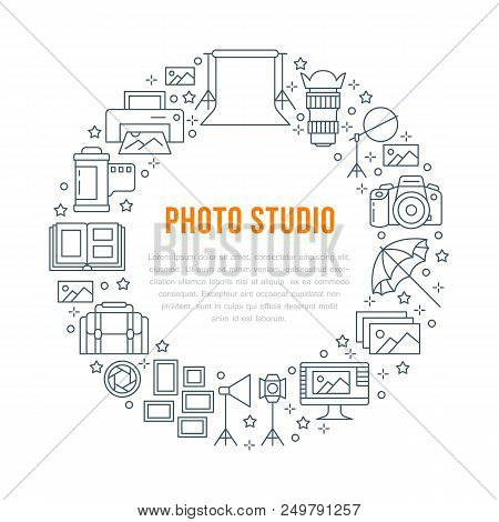 Photography Equipment Poster With Flat Line Icons. Digital Camera, Photos, Lighting Video Cameras, P