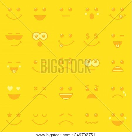 Yellow Pattern Template Of Line Art Emoticons Or Emoji Icons. Happy Yellow Smiley In A Flat Design O