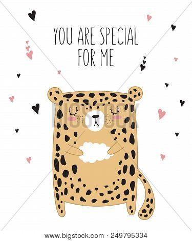 Vector Line Drawing Leopard With Slogan About Friend. Doodle Illustration