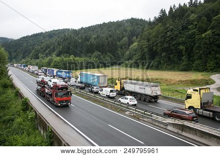 Vransko, Slovenia / Slovenia - July 11 2018: Stop At Slovenian Highway For Truck Full With Corn