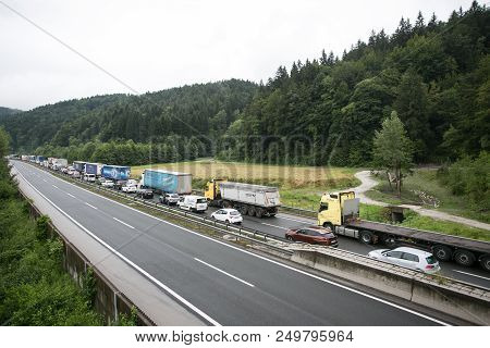 Vransko, Slovenia / Slovenia - July 11 2018: Stop At Slovenian Highway For Truck Full With Corn