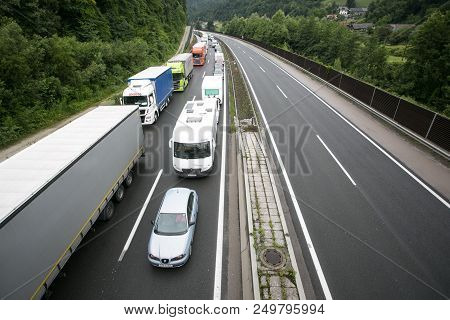 Vransko, Slovenia / Slovenia - July 11 2018: Stop At Slovenian Highway For Truck Full With Corn