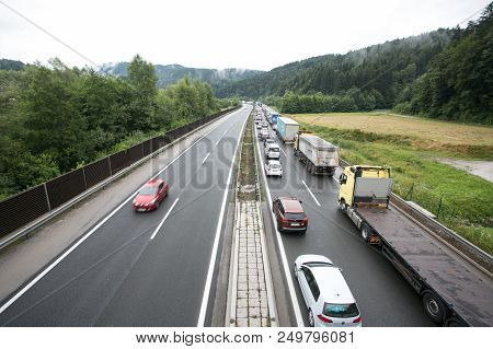 Vransko, Slovenia / Slovenia - July 11 2018: Stop At Slovenian Highway For Truck Full With Corn