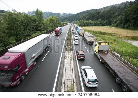 Vransko, Slovenia / Slovenia - July 11 2018: Stop At Slovenian Highway For Truck Full With Corn