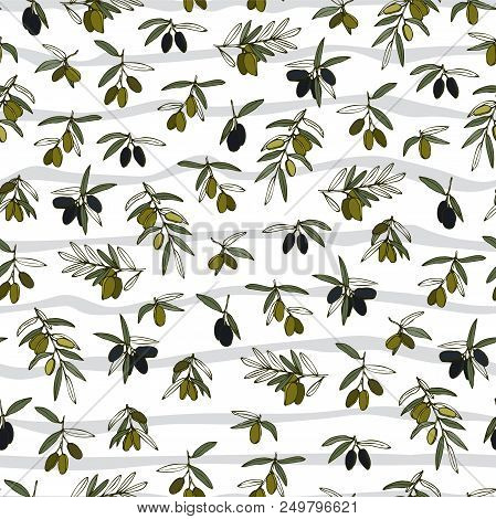 Seamless Olive Branch And Stripes Pattern. Hand Drawn Background. Stock Vector