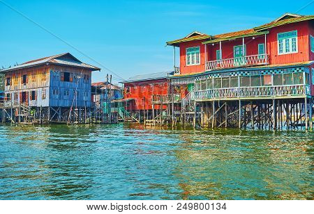 The Water Street Of The Inpawkhon Village, Standing On Stilts On Inle Lake, Myanmar.
