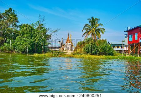 The Old Pagoda Among The Greenery On The Bank Of Inle Lake, Inpawkhon, Myanmar.