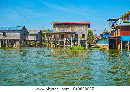 The Old Residential Housing On Inle Lake - Simple Poor Buildings On Stilts Along The Water Street, I