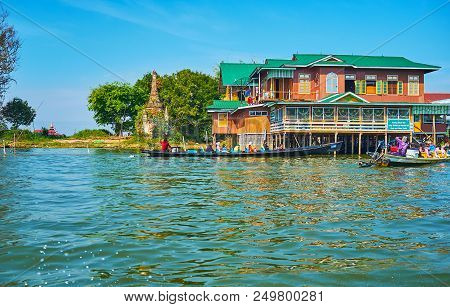 Inpawkhon, Myanmar - February 18, 2018: Boat Trip On Inle Lake With A View On Ruins Of Medieval Stup