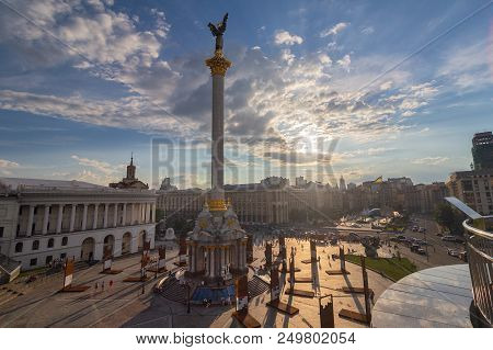 Kiev, Ukraine - July 13, 2018: Panoramic View Of The Evening Independence Square