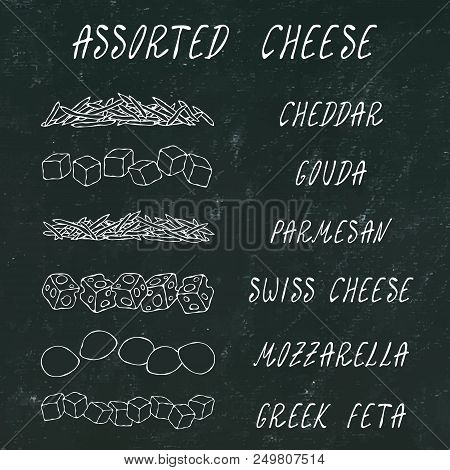 Assorted Cheese Set. Grated Chedder, Parmesan, Gouda, Swiss, Feta Cubes, Mini Mozzarella. Pizza Ingr