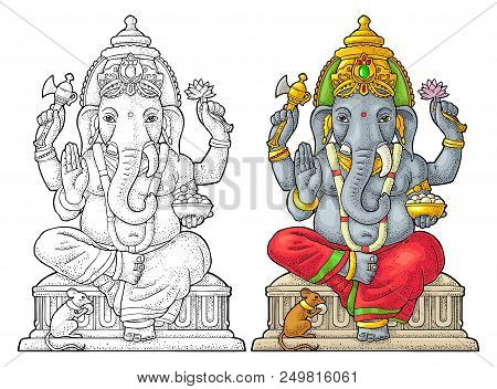 Ganpati With Mouse For Poster Ganesh Chaturthi. Engraving Vintage Vector Color Illustration. Isolate