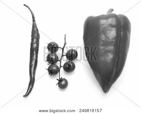Tomato Branch Composition With Hot Pepper. Bunch Of Cherry Tomatoes With Bell Pepper In Close Up. To