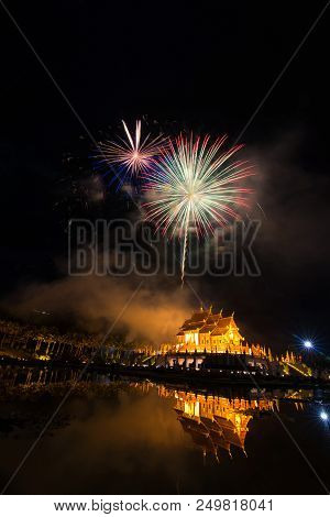 Fireworks Celebrate The New Year 2018 At Rajapruek Royal Park, Chiang Mai With Beutiful Light Of Hor