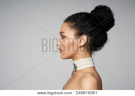 Beauty Closeup Profile Portrait Of Beautiful Mixed Race Caucasian - African American Woman Wearing C