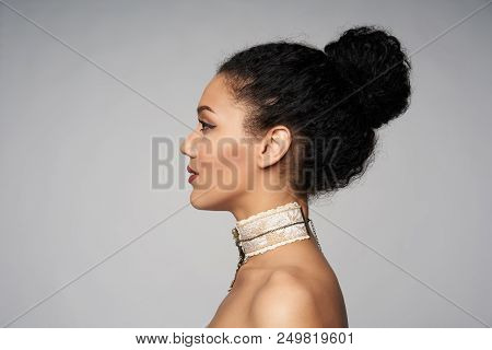 Beauty Closeup Profile Portrait Of Beautiful Mixed Race Caucasian - African American Woman Wearing C