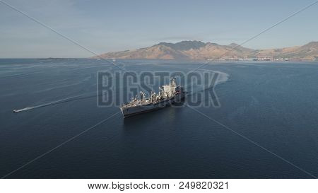 Aerial View: Cargo, Reefer Ship In The Sea Bay. Subic Bay, Philippines, Luzon. Cargo Ship In The Har