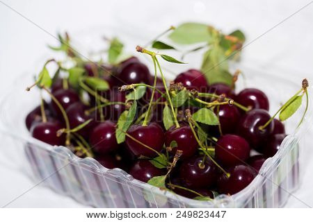 Close Up Of Pile Of Ripe Cherries With Stalks And Leaves On White Background