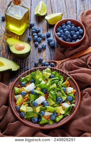 Mexican Salad With Blueberries, Romaine Lettuce Leaves, Jicama, Roasted Crispy Corn Kernels And Avoc