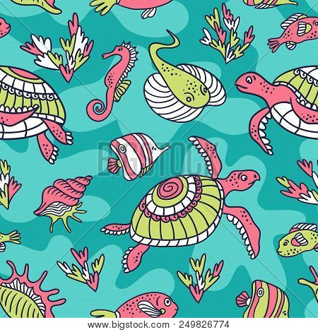 Vector Seamless Pattern With  Ocean Turtles, Fish And Inhabitants Of The Underwater World. Blue Ethn