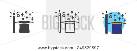 Magic Wand And Magic Hat Icon. Line, Solid And Filled Outline Colorful Version, Outline And Filled V