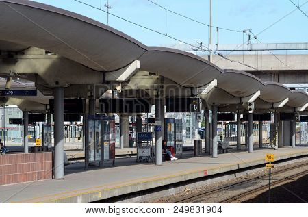 Platform and train view on Oslo central station. Oslo Central Station (Sentralstasjon) is main railway station in Oslo. June 17. 2018. Oslo,Norway