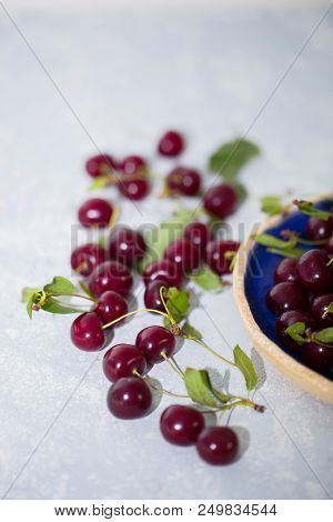Close Up Of Pile Of Ripe Cherries With Stalks And Leaves On Light Grey Background