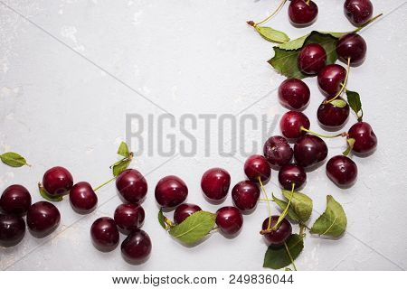 Colourful Bright Pattern With Ripe Cherry And Leaf.
