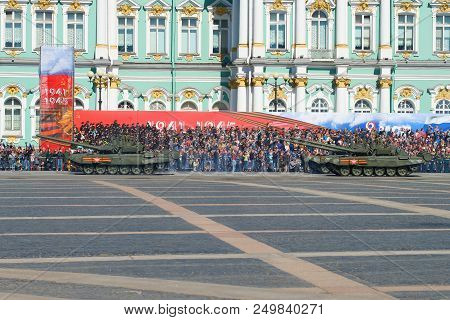 Saint Petersburg, Russia - May 06, 2018: Russian Tanks T-72b3 On The Dress Rehearsal Of The Military