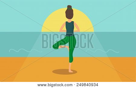 Woman Acts Yoga Silhouetted Against The Sunrise. Simple Flat Vector Illustration.