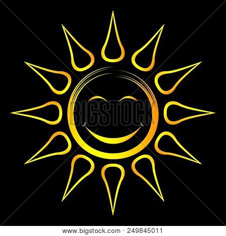 Sun And Sunshine As Funny Cartoon Vector On A Black Isolated Background