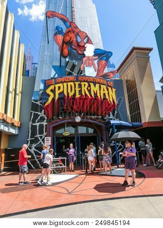 Orlando, Florida, Usa - May 09, 2018: Entrance To Spiderman Ride. Universal Studios Orlando Is A The