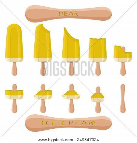 Vector Illustration Logo For Natural Pear Ice Cream On Stick. Ice Cream Pattern Consisting Of Sweet 