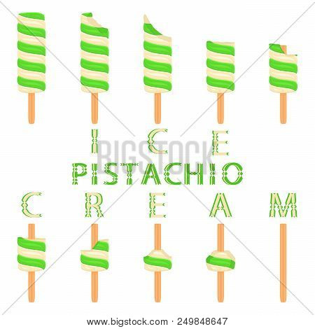 Vector Illustration Logo For Natural Pistachio Ice Cream On Stick. Ice Cream Pattern Consisting Of S