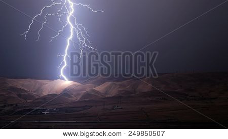 Lightnings And Thunder Bold Strike At Summer Storm. Night Long Shutter Shot