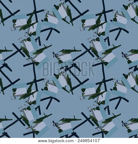 Military Camouflage Seamless Pattern In Shades Of Green And Dusty Blue Colors. Square Grid Ufo Camo 