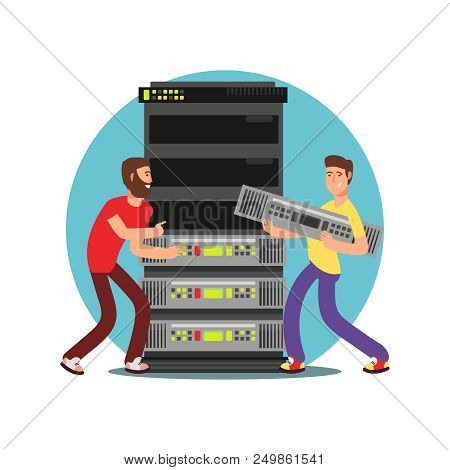 Two Male Server Administrators Working With Data Base. It Flat Vector Illustration