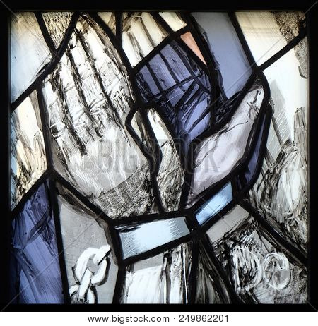 LEUTERSHAUSEN, GERMANY - JULY 05: History of salvation - detail, stained glass window by Sieger Koeder in church of Saint Bartholomew in Leutershausen, Germany on July 05, 2017.