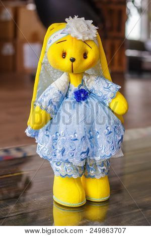 Handmade Doll Yellow Bunny In A Blue Dress