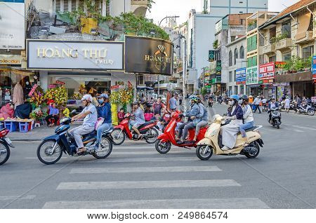 Ho Chi Minh City, Vietnam - 4 April, 2018: View Of The Typical Intersection Of Vietnamese Streets Wi